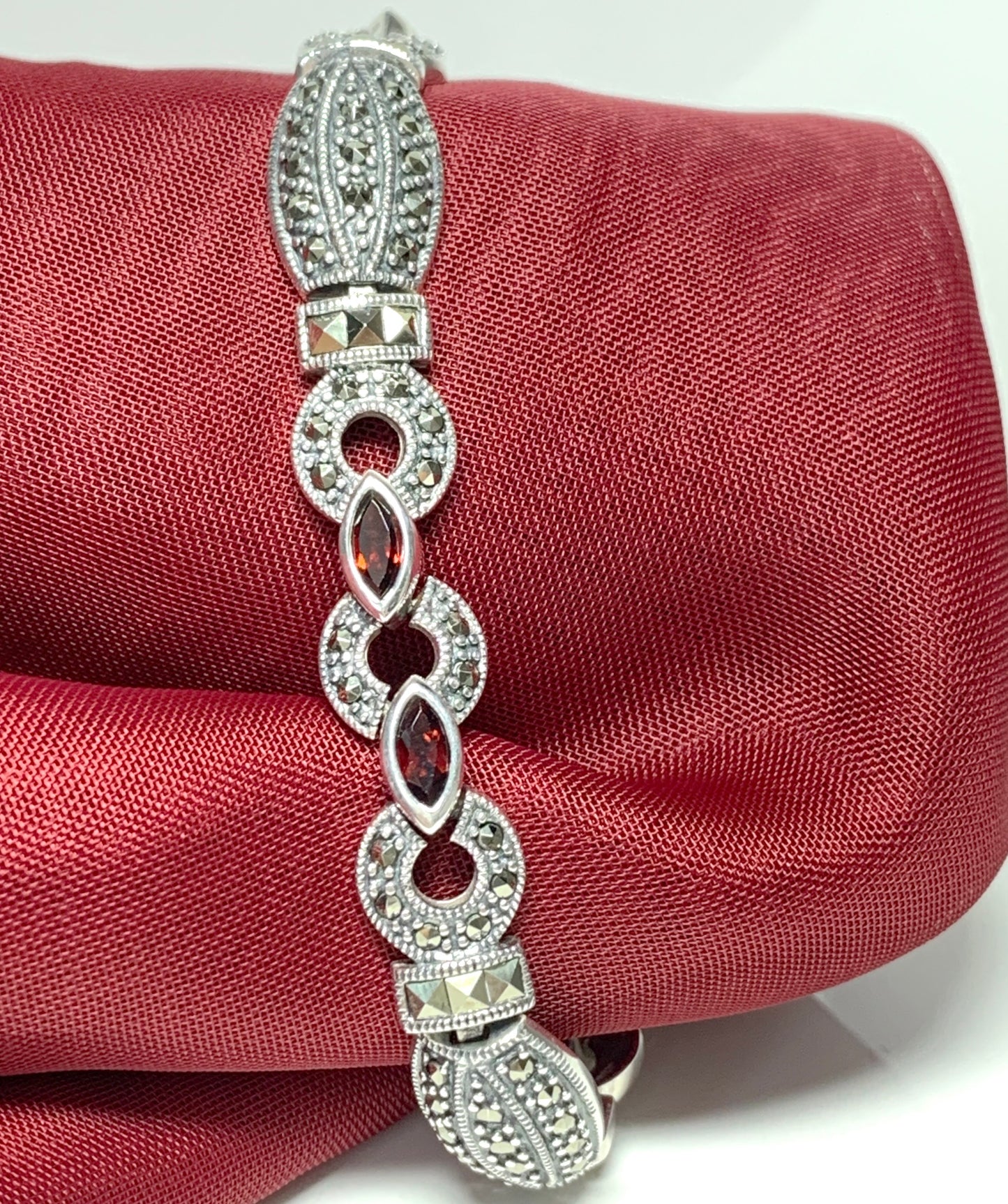 Real garnet and marcasite sterling silver bracelet