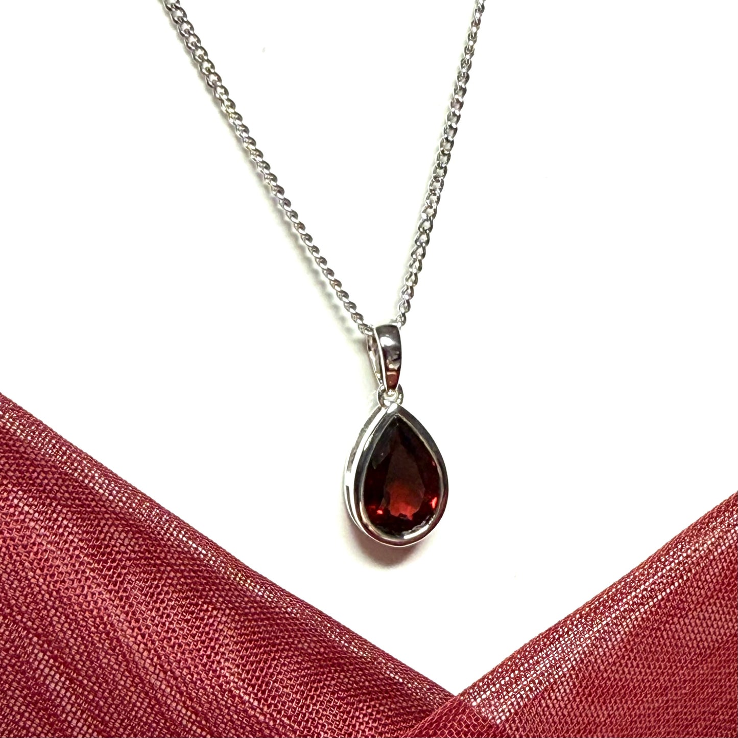 Real garnet necklace pear shaped white gold teardrop pendant