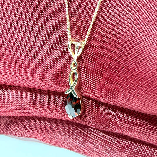 Real garnet necklace pear shaped yellow gold pendant