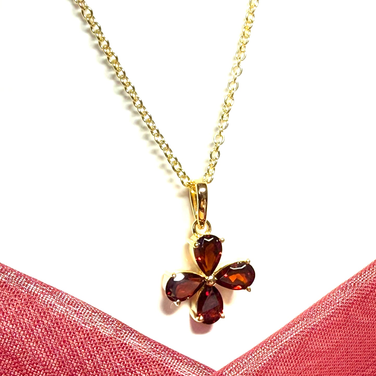 Real garnet red flower petal necklace smooth rubbed over setting sterling silver gilt pendant