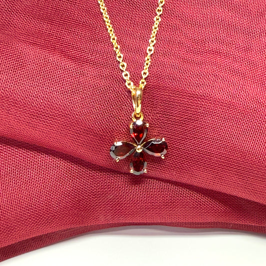 Real garnet red flower petal necklace smooth rubbed over setting sterling silver gilt pendant