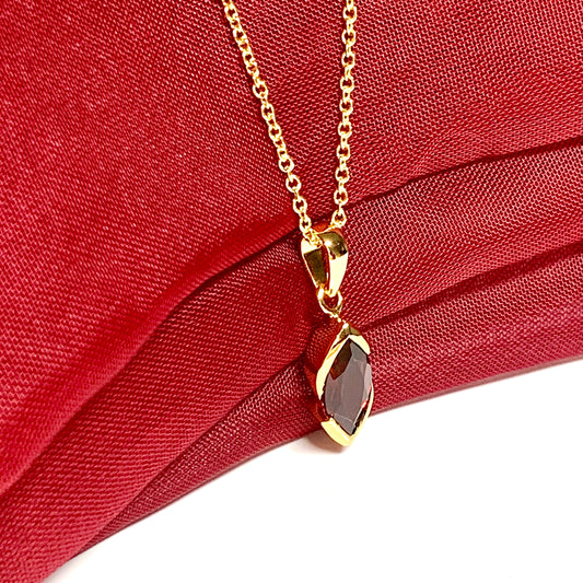 Real garnet red necklace pendant marquise smooth rubbed over setting sterling silver gilt