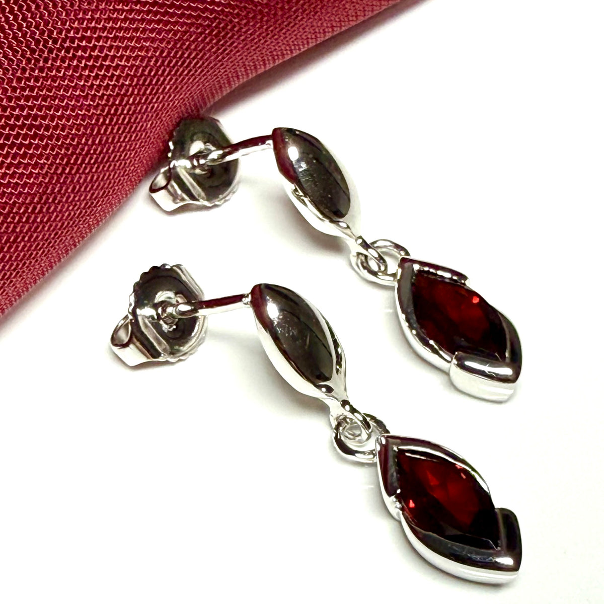 Real garnet sterling silver marquise shaped drop earrings