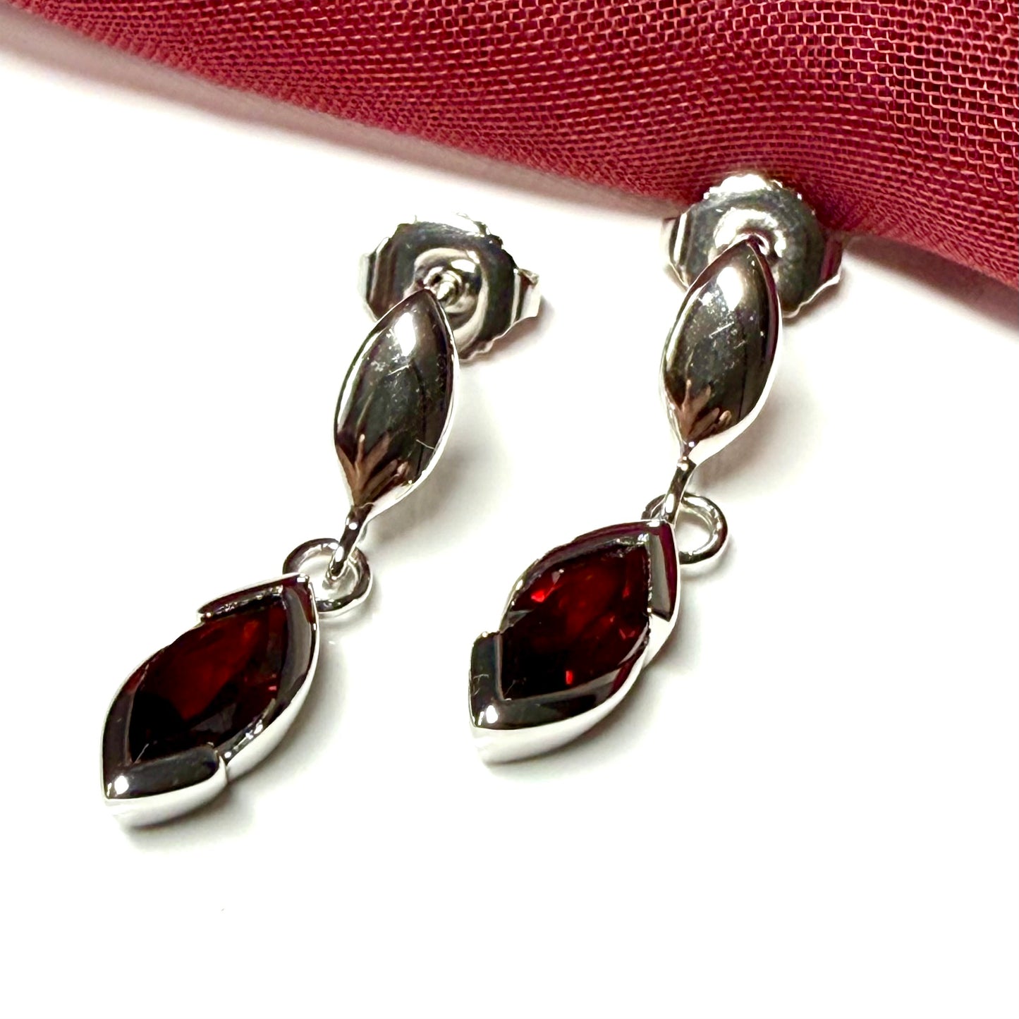 Real garnet sterling silver marquise shaped drop earrings