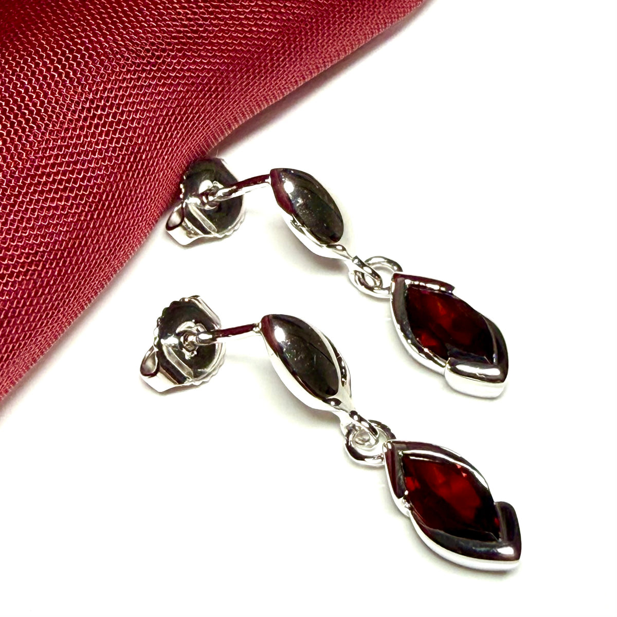 Real garnet sterling silver marquise shaped drop earrings