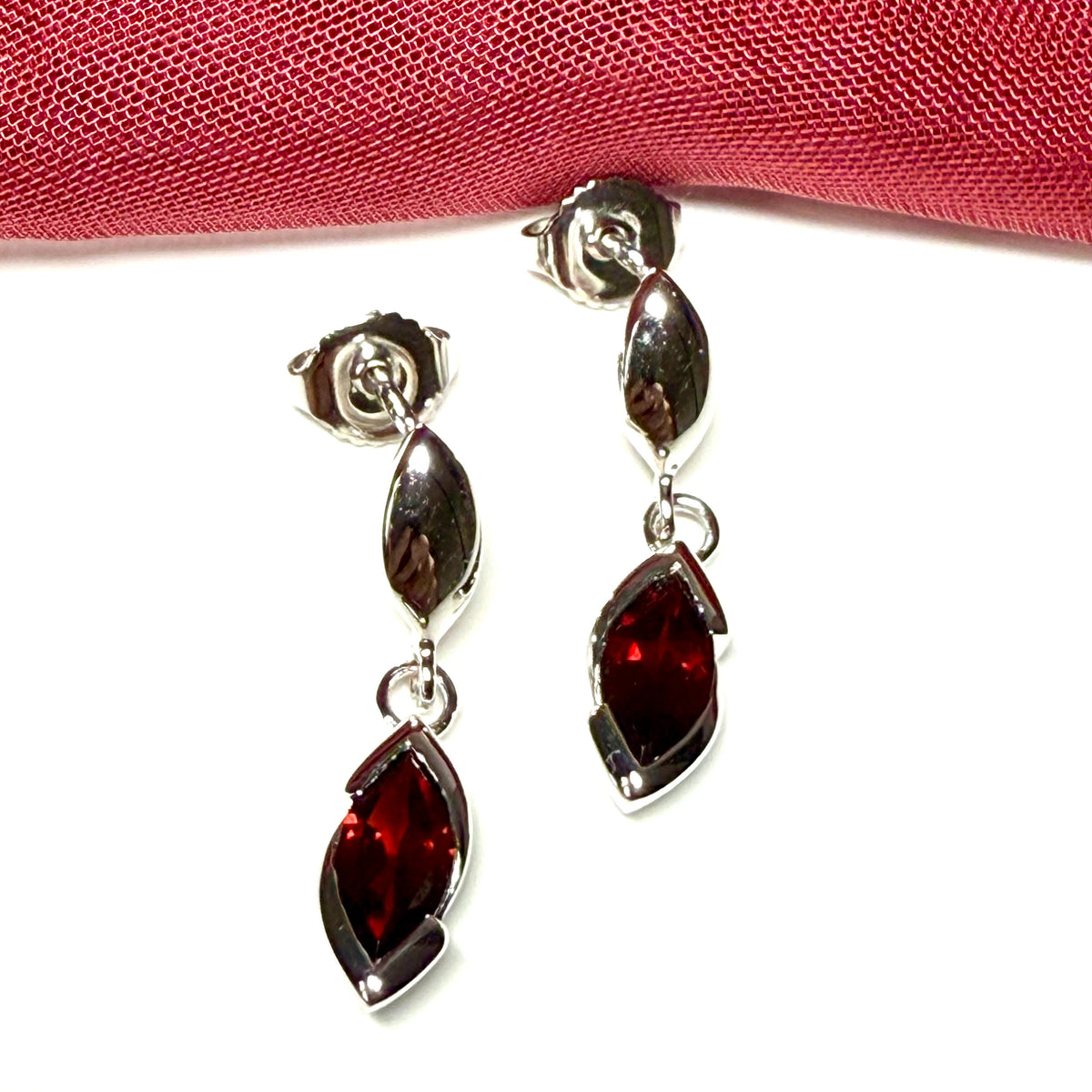 Real garnet sterling silver marquise shaped drop earrings