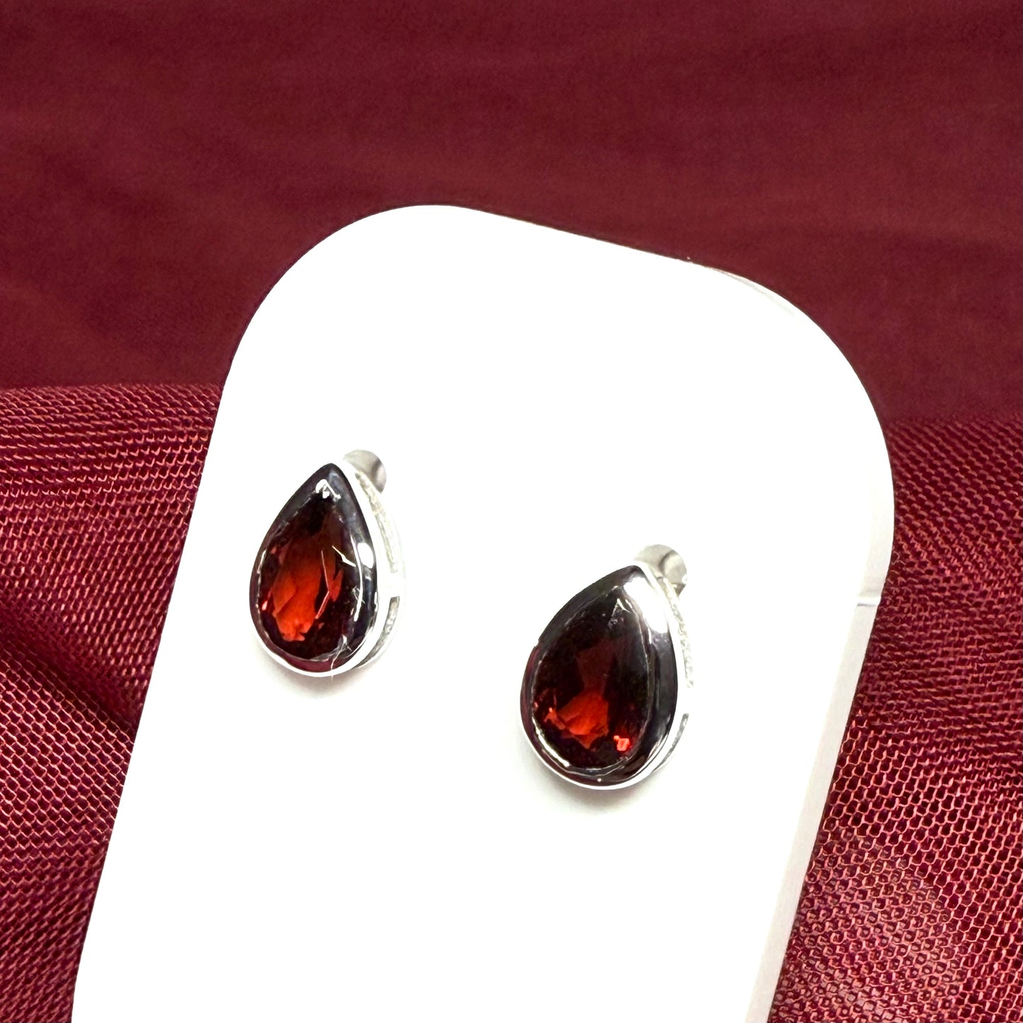 Real garnet stud earrings pear shaped white gold teardrop
