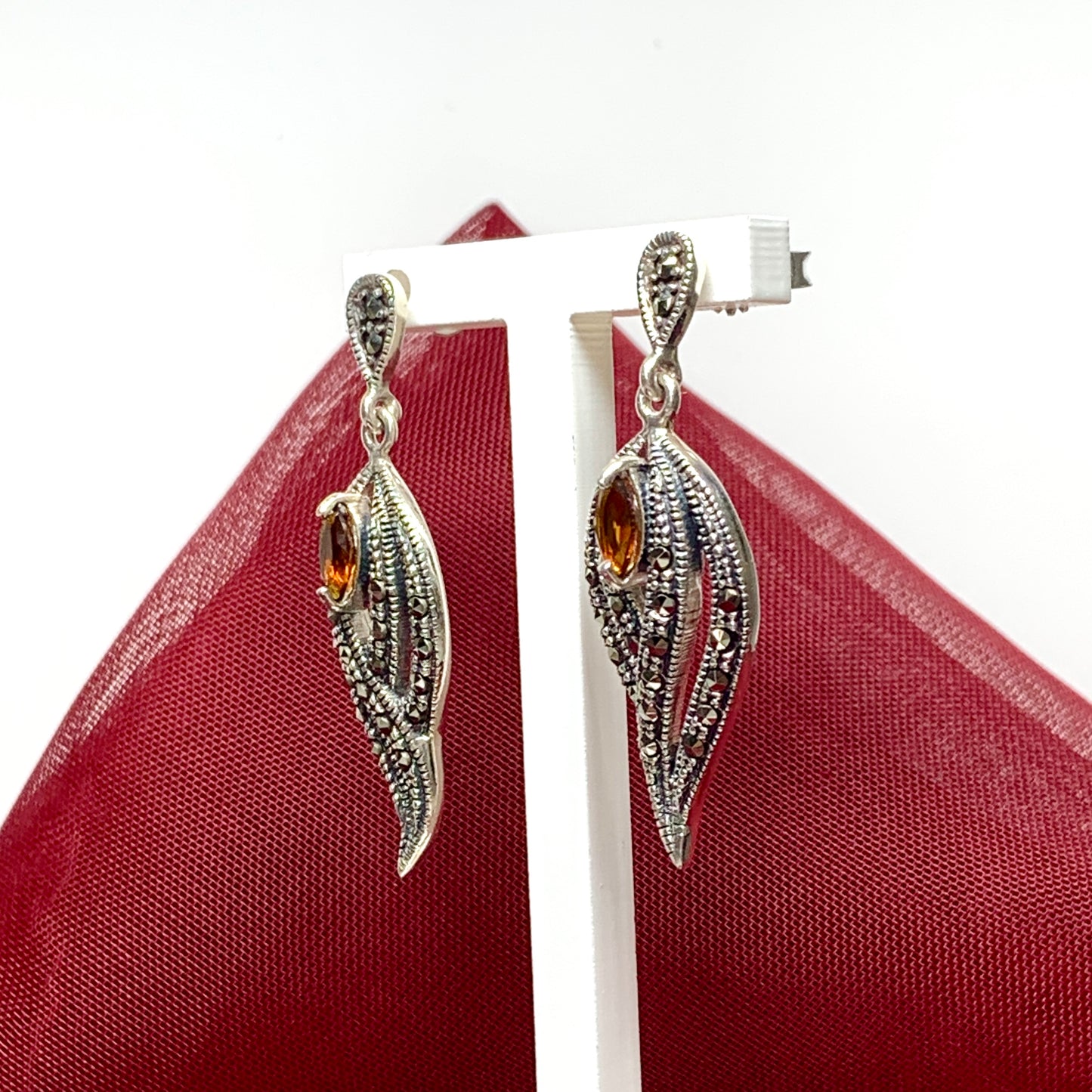 Real garnet and marcasite drop earrings sterling silver