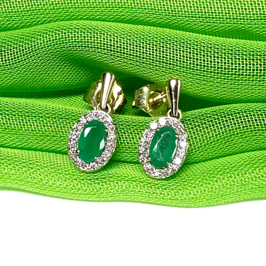 Real green emerald and real diamond oval shaped cluster drop earrings yellow gold