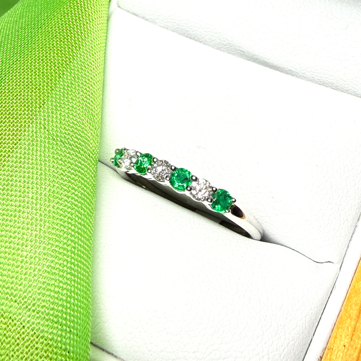 Real emerald diamond white gold eternity ring claw setting seven stone