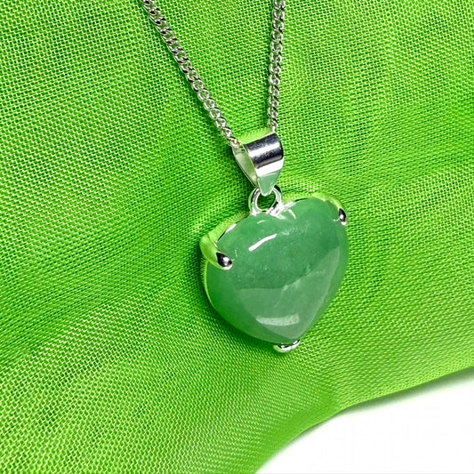 Real green jade Necklace love heart pendant sterling silver