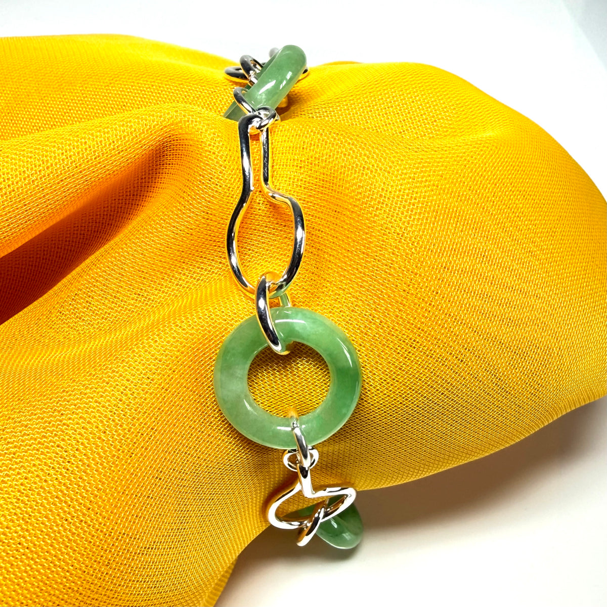Real green jade bracelet round circle sterling silver twisted design