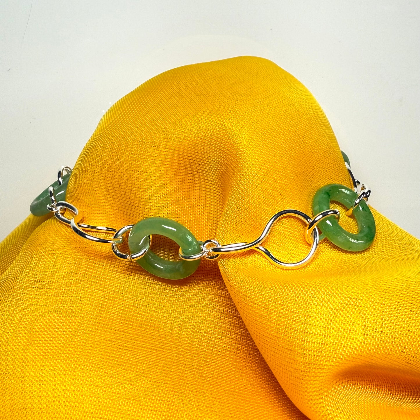 Real green jade bracelet round circle sterling silver twisted design