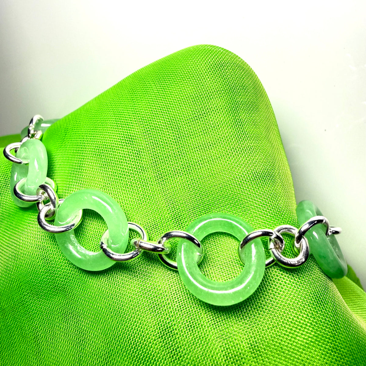 Real green jade bracelet sterling silver circle round design