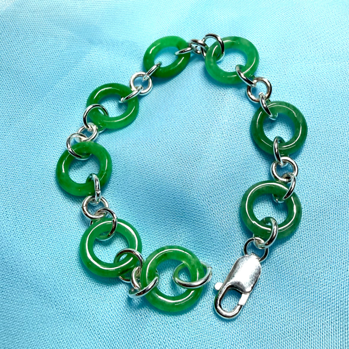 Real green jade bracelet sterling silver round circle design