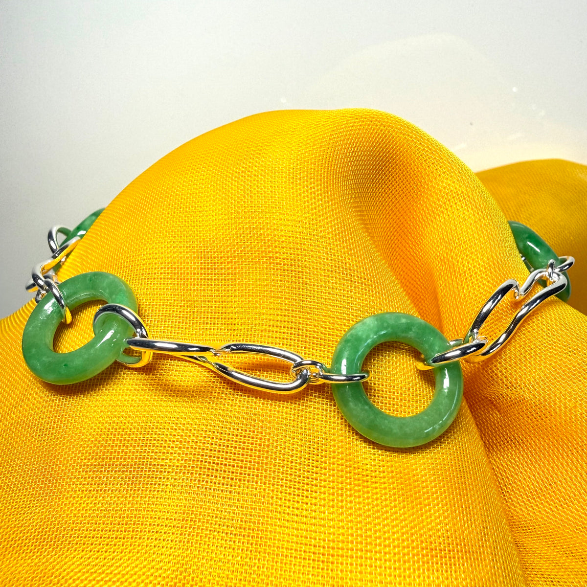 Real green jade bracelet sterling silver round circle twisted design