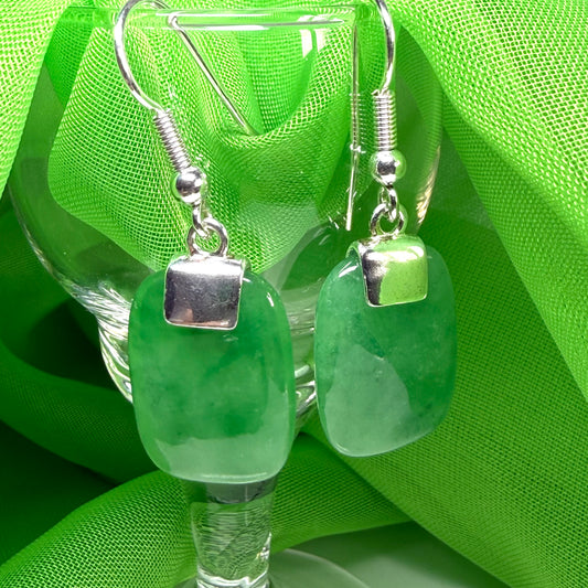 Real green jade cushion shaped sterling silver drop earrings