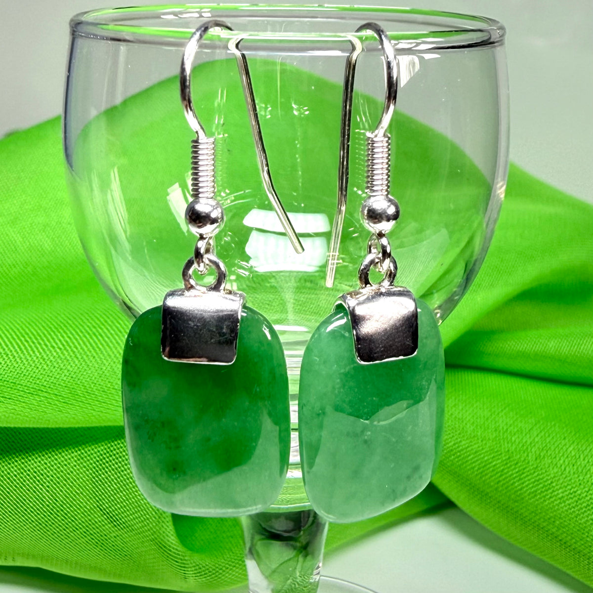 Real green jade cushion shaped sterling silver drop earrings
