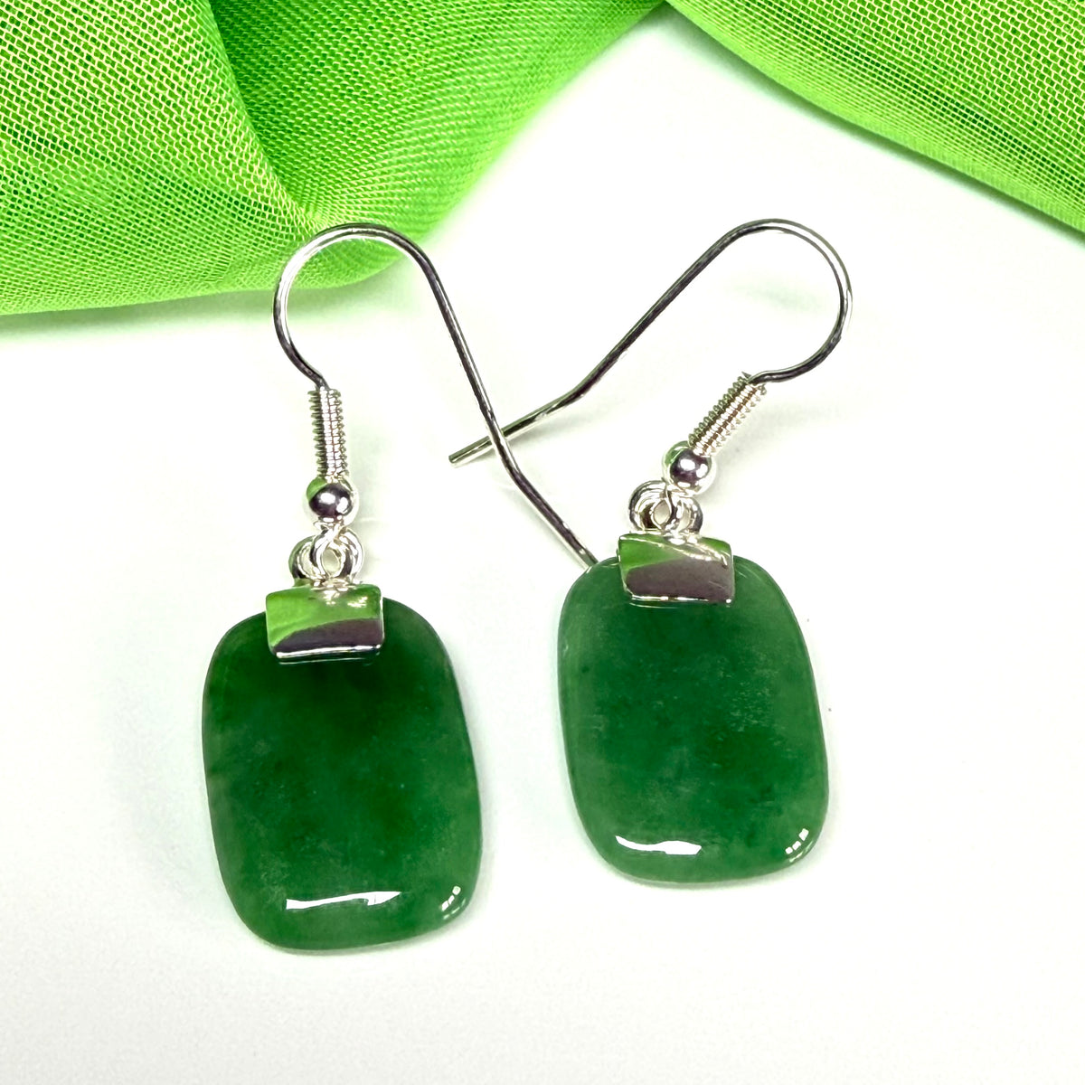 Real green jade cushion shaped sterling silver drop earrings