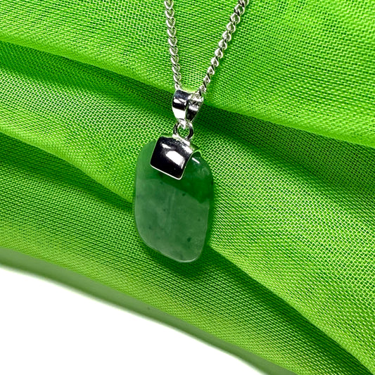 Real green jade necklace cushion shaped stone pendant sterling silver including solid chain