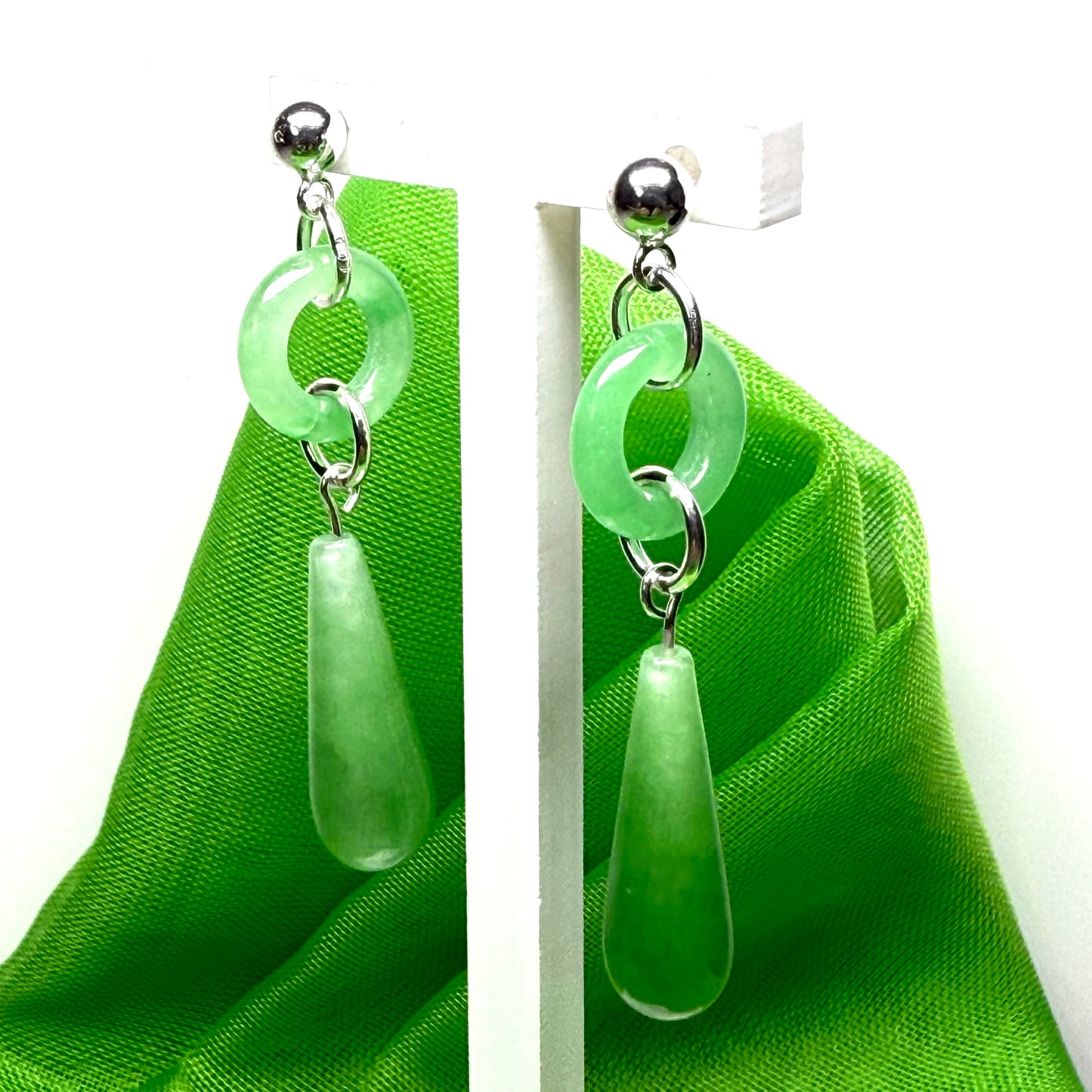 Real green jade drop earrings teardrop and round shaped set in sterling silver