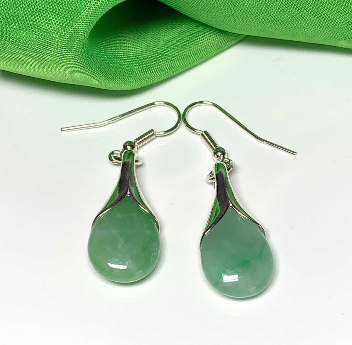 Real green jade drop earrings sterling silver pear shaped or teardrop shape