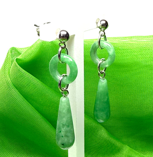 Real green jade drop earrings sterling silver round with a teardrop shaped