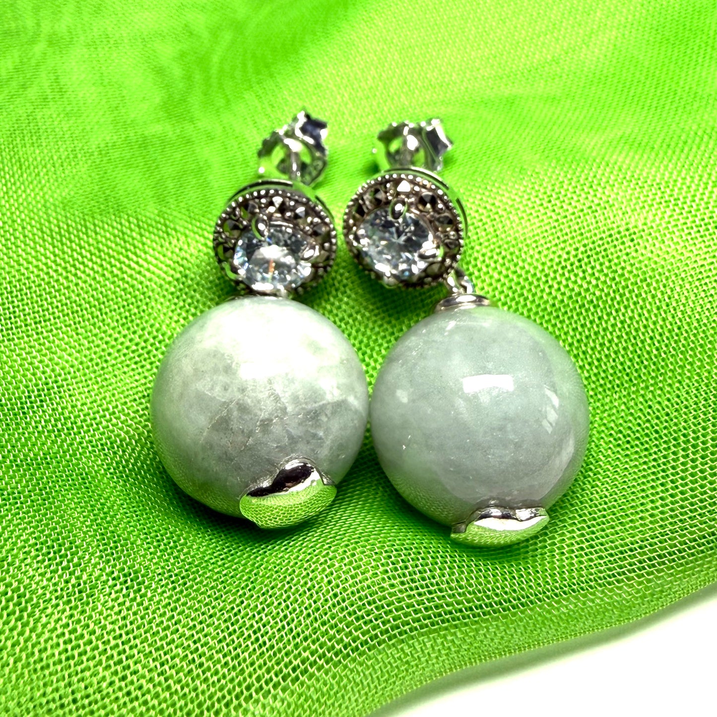 Real green jade earrings with cubic zirconia round ball shaped dropped round design