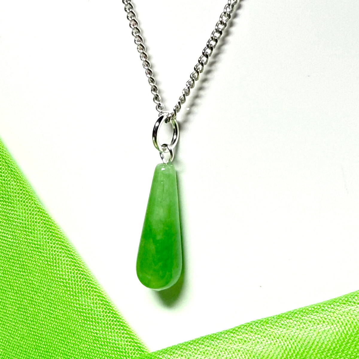 Real green jade jade tear drop necklace pendant sterling silver including chain