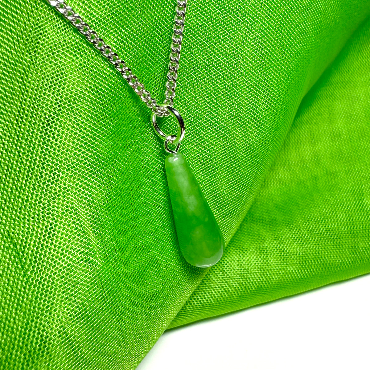Real green jade jade tear drop necklace pendant sterling silver including chain