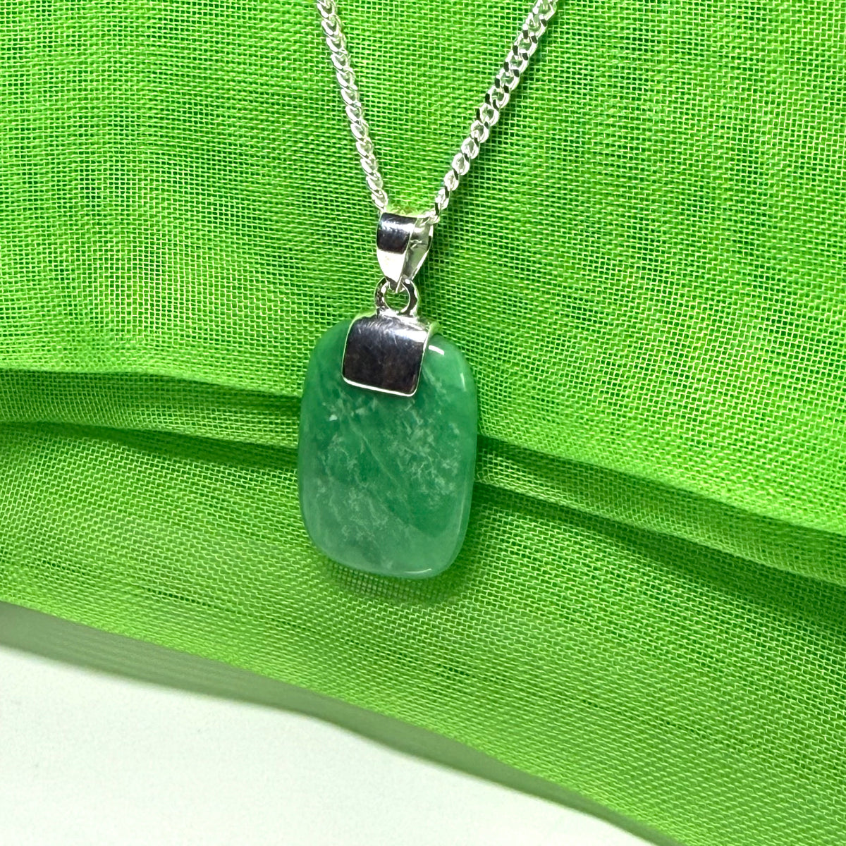 Real green jade necklace cushion shaped stone sterling silver