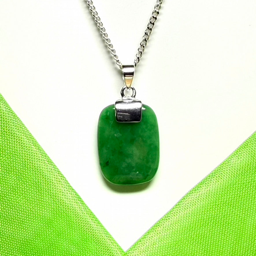 Real green jade necklace cushion shaped stone sterling silver including chain