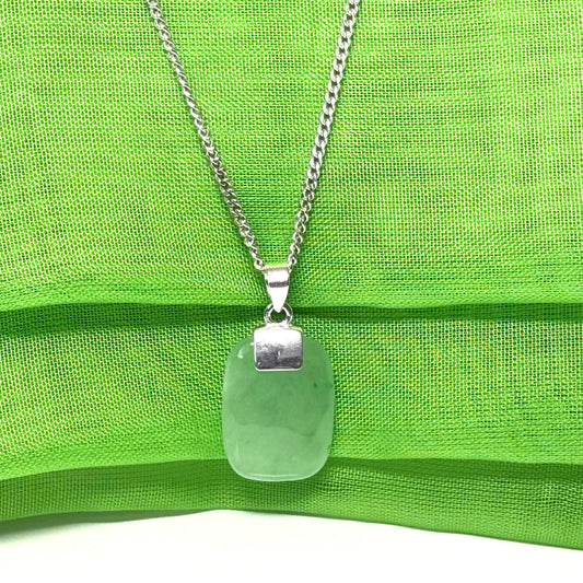 Real green jade necklace cushion shaped pendant with a solid silver curb chain included