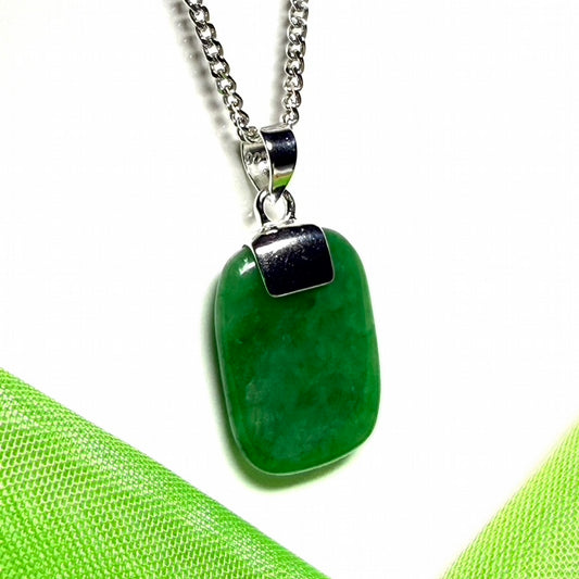 Real green jade necklace cushion shaped stone pendant sterling silver including solid curb link chain
