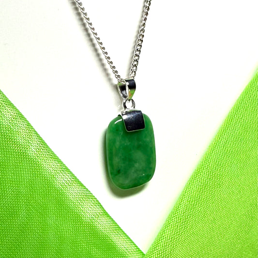 Real green jade necklace cushion shaped stone sterling silver including chain