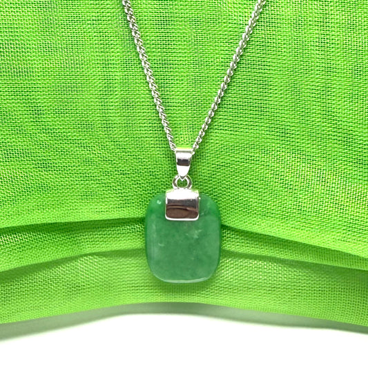 Real green jade necklace cushion shaped stone sterling silver chain included, a timeless design