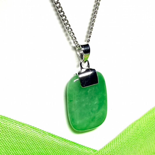 Real green jade necklace cushion shaped stone sterling silver chain included