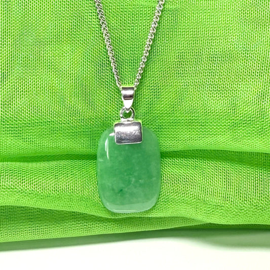 Real green jade necklace cushion shaped stone sterling silver chain included losange pendant