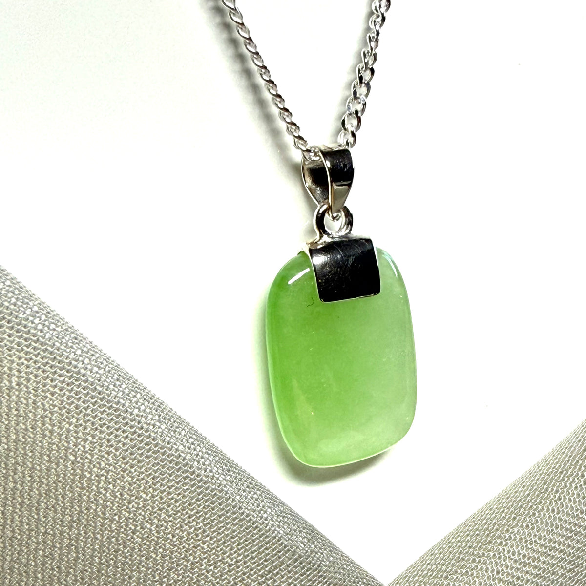 Real green jade necklace cushion shaped stone sterling silver floating pendant