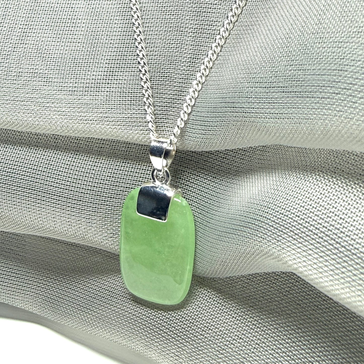 Real green jade necklace cushion shaped stone sterling silver floating pendant