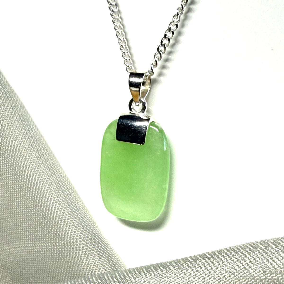 Real green jade necklace cushion shaped stone sterling silver floating pendant