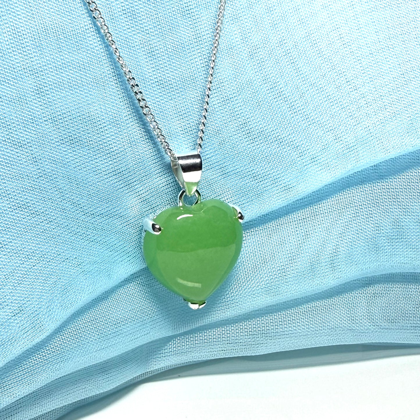 Real green jade necklace heart shaped sterling silver with chain