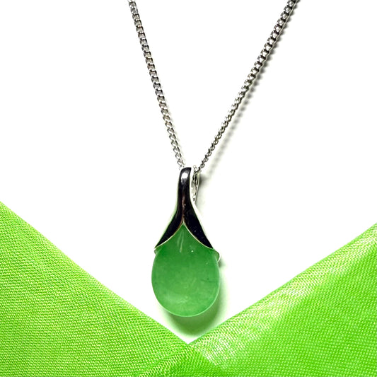 Real green jade necklace in a teardrop or pear shaped, a timeless designed pendant with a chain included
