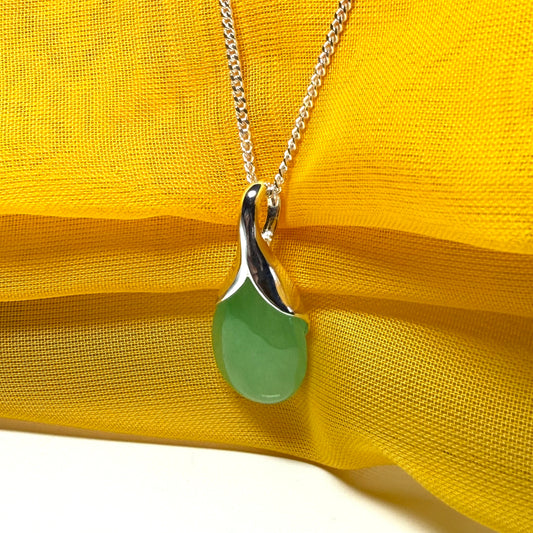 Real green jade necklace in a teardrop shaped or pear shaped, stunning pendant
