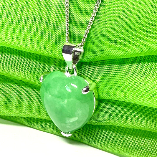 Real green jade necklace love heart pendant sterling silver on a solid chain