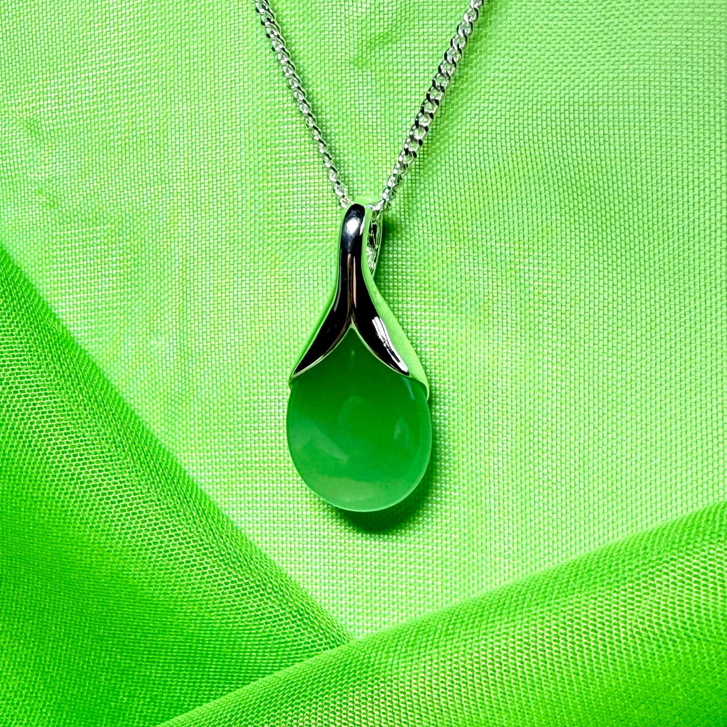 Real green jade necklace pear shaped pendant sterling silver