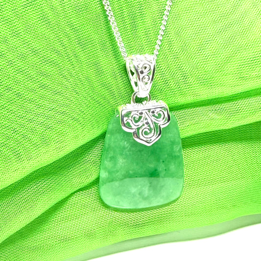 A real green jade necklace silver large cushion shaped, a truly gorgeous pendant