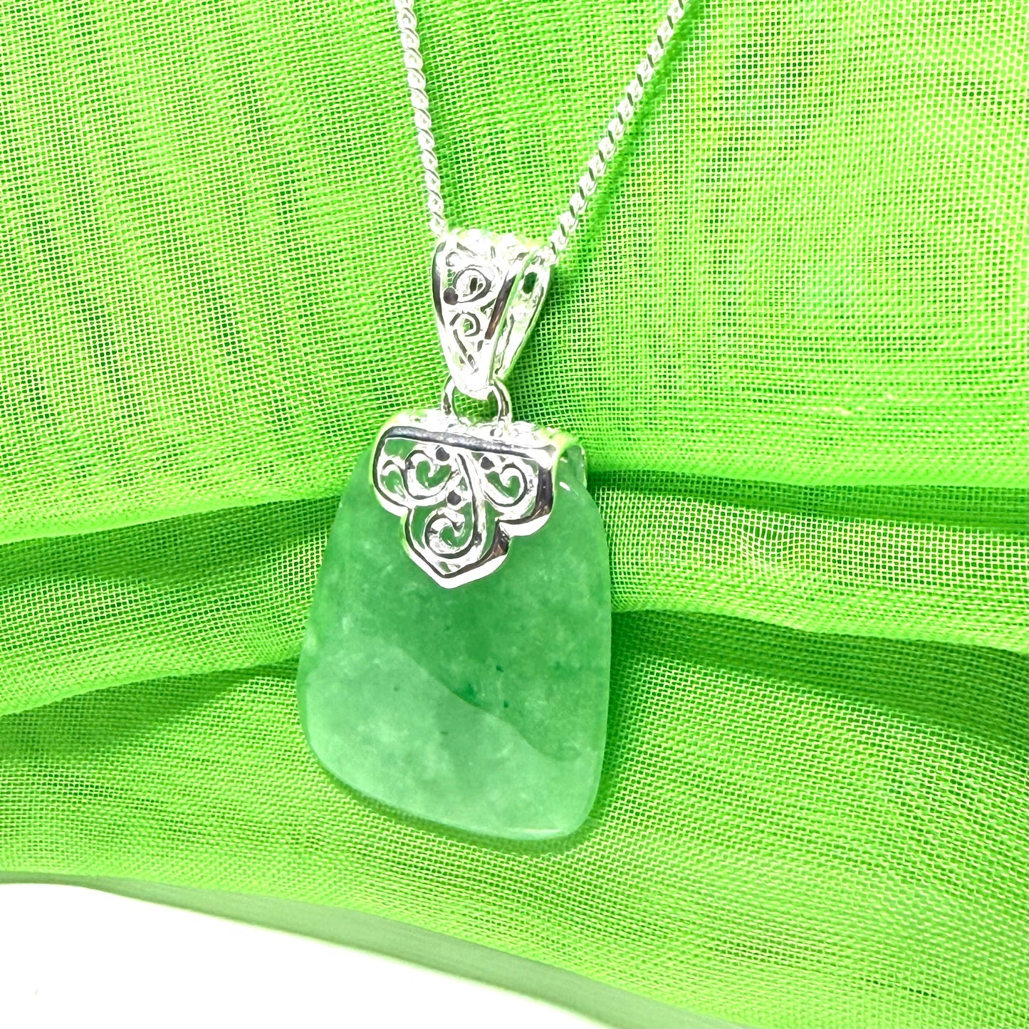 A real green jade necklace silver large cushion shaped, a truly gorgeous pendant