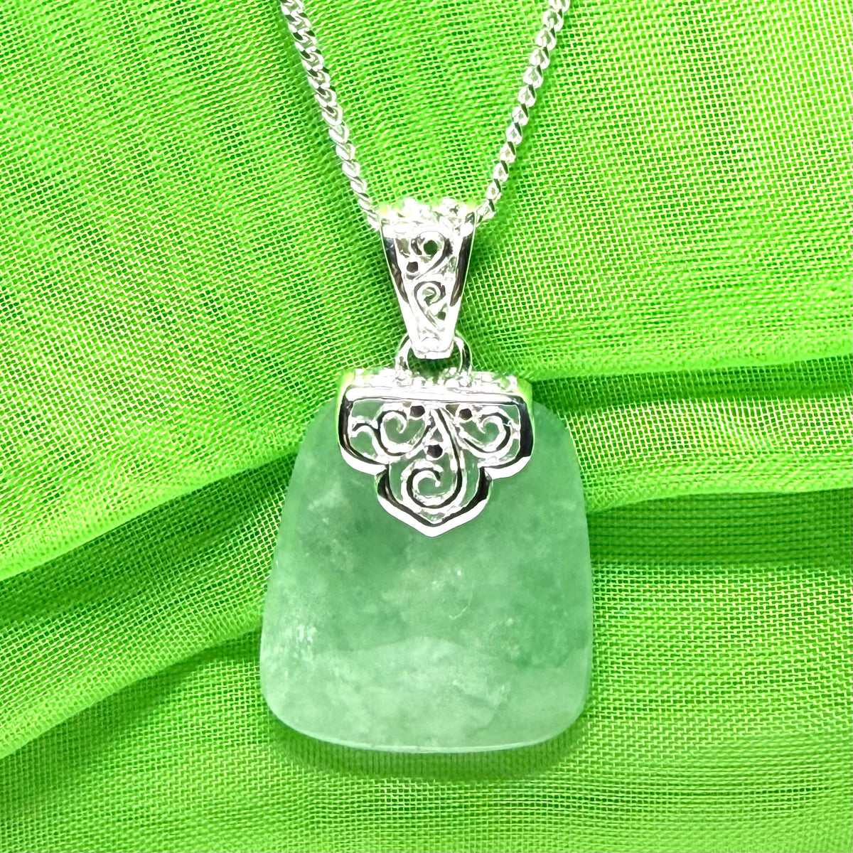 Real green jade necklace sterling silver large cushion shaped, a truly gorgeous pendant