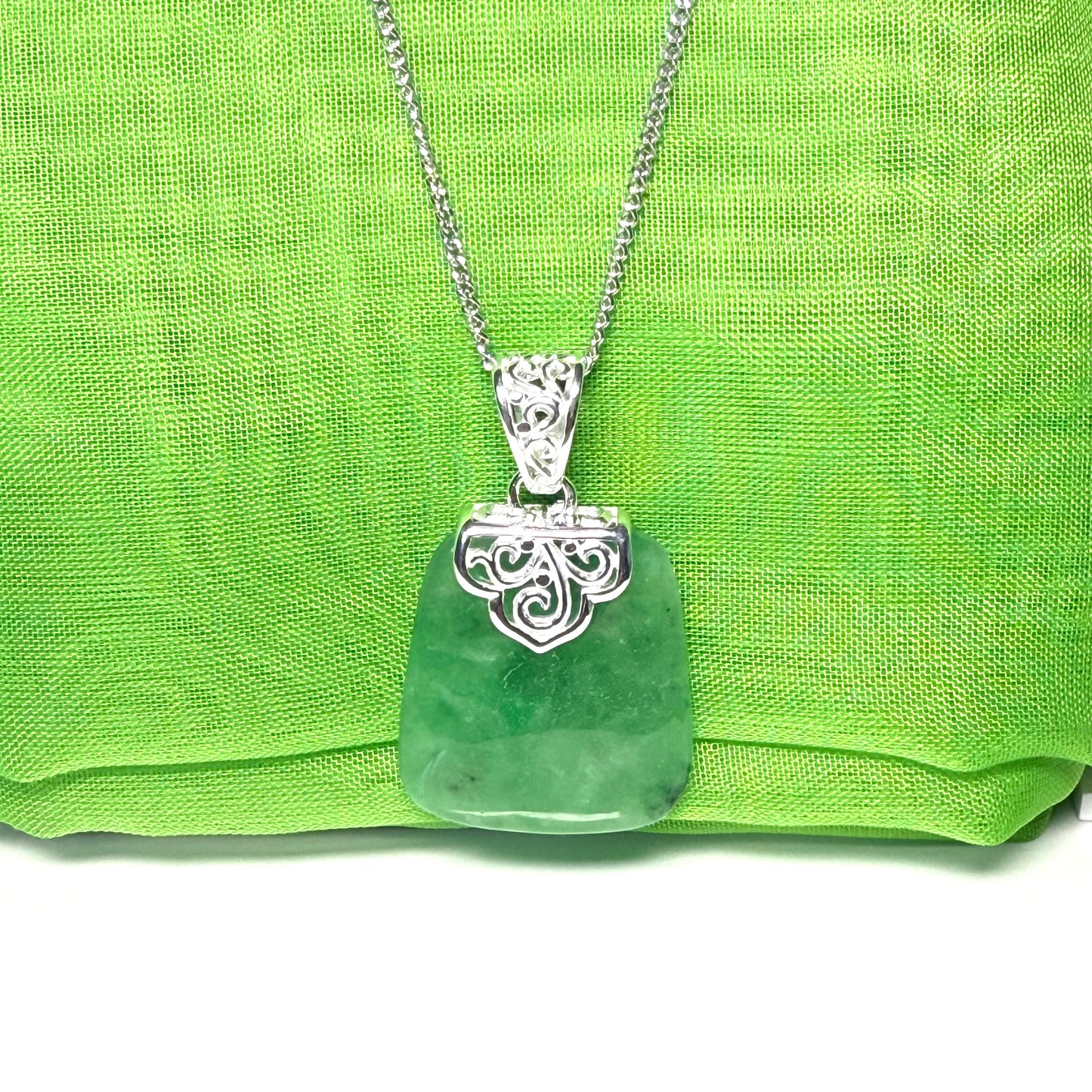 Real green jade necklace sterling silver large cushion shaped including a solid silver curb chain